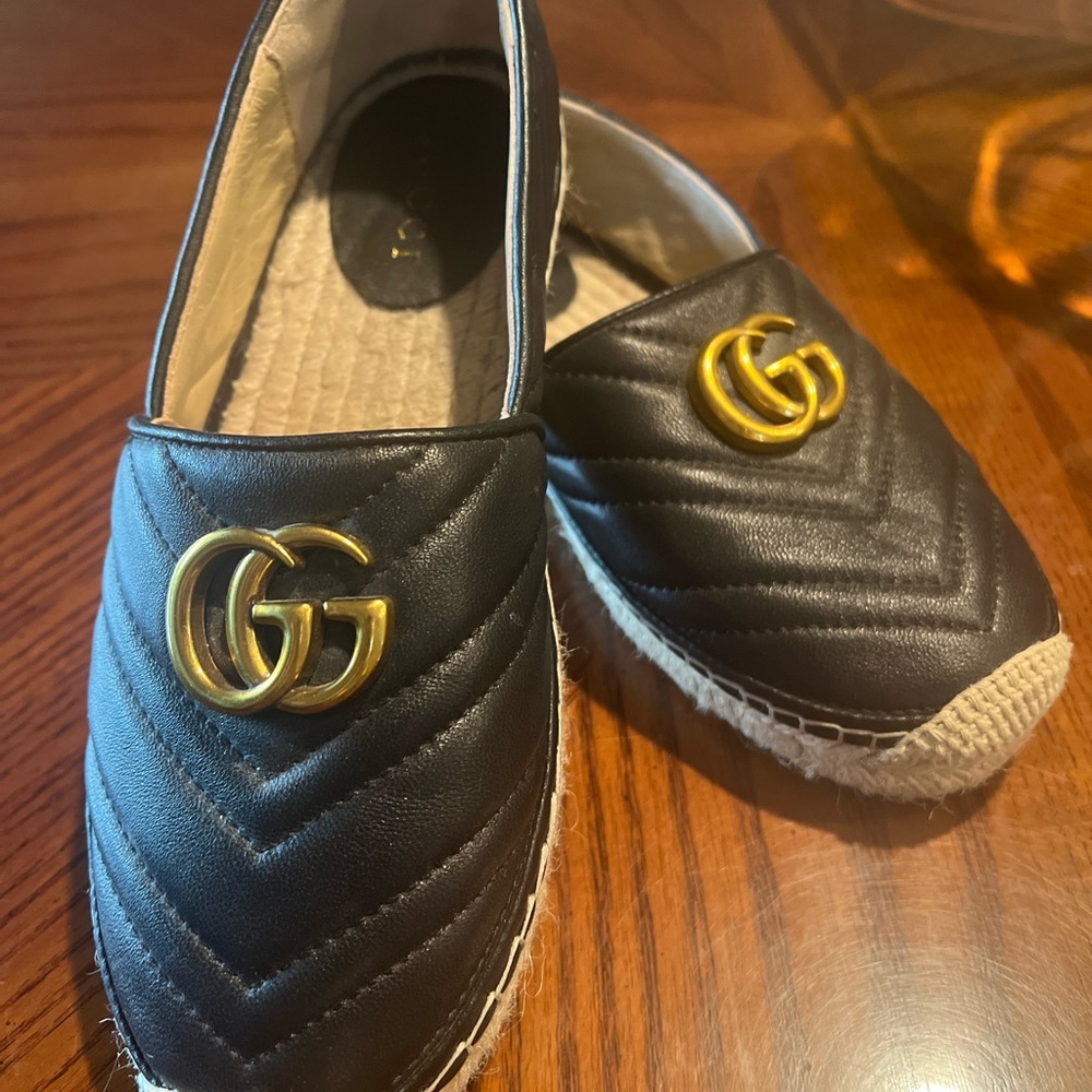 Black Espadrille Flats with Gold Logo